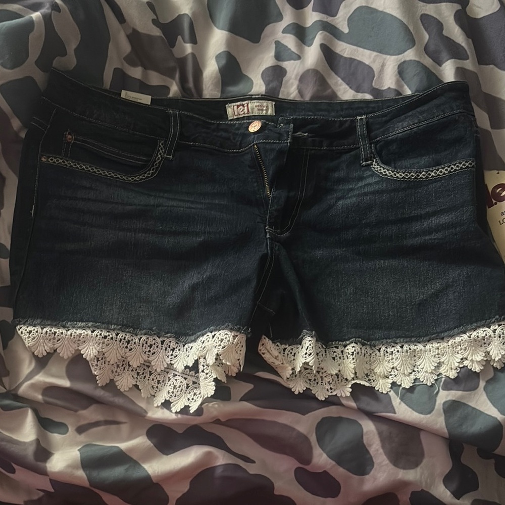 LEI Dark Denim Shorts with White Lace